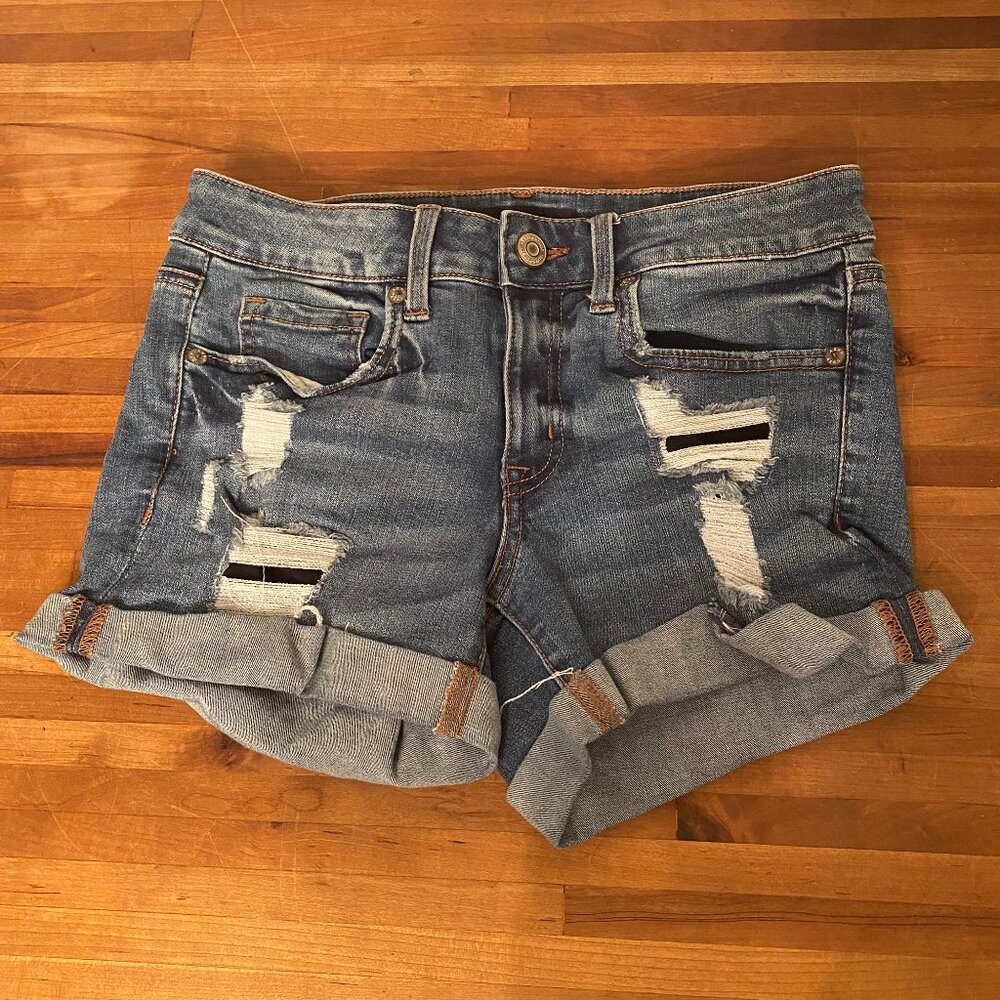 Aero Jean Shorts Distressed Blue Denim Low Rise Midi Women's Size 6